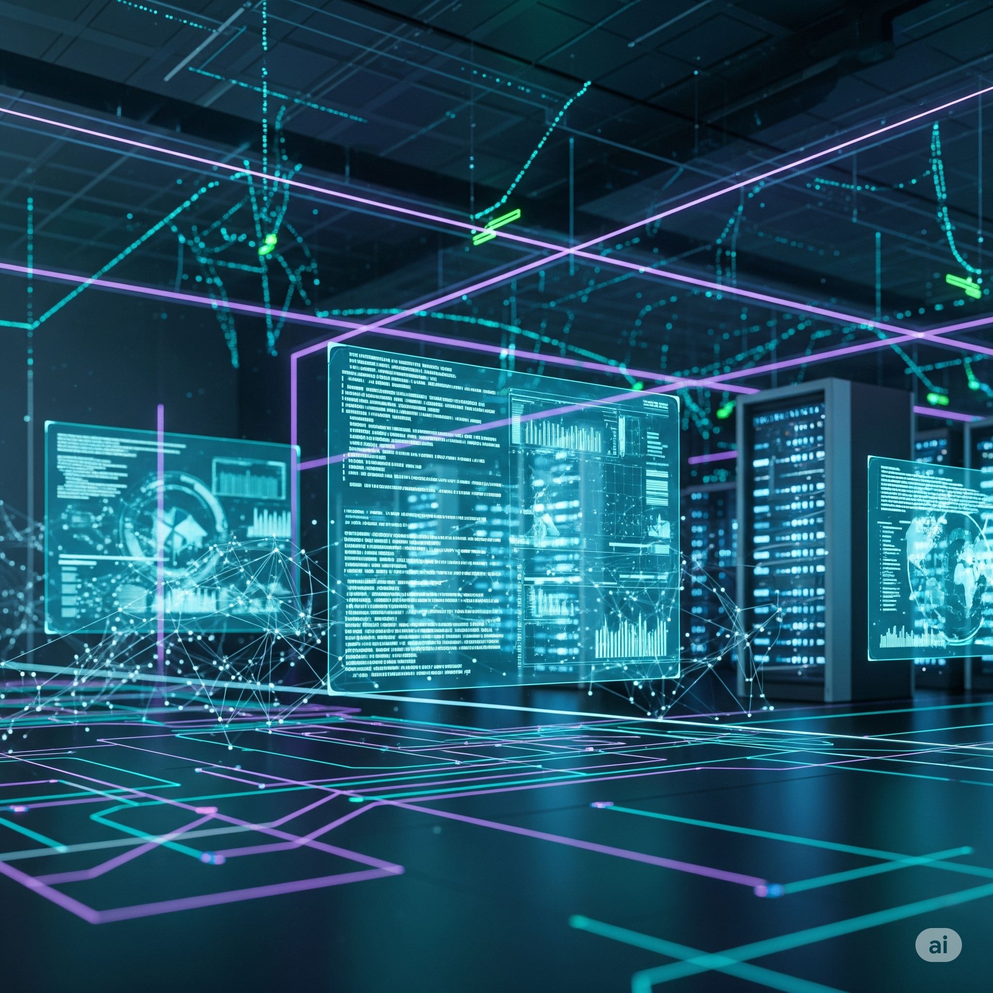 Advanced data center with holographic displays and network monitoring
