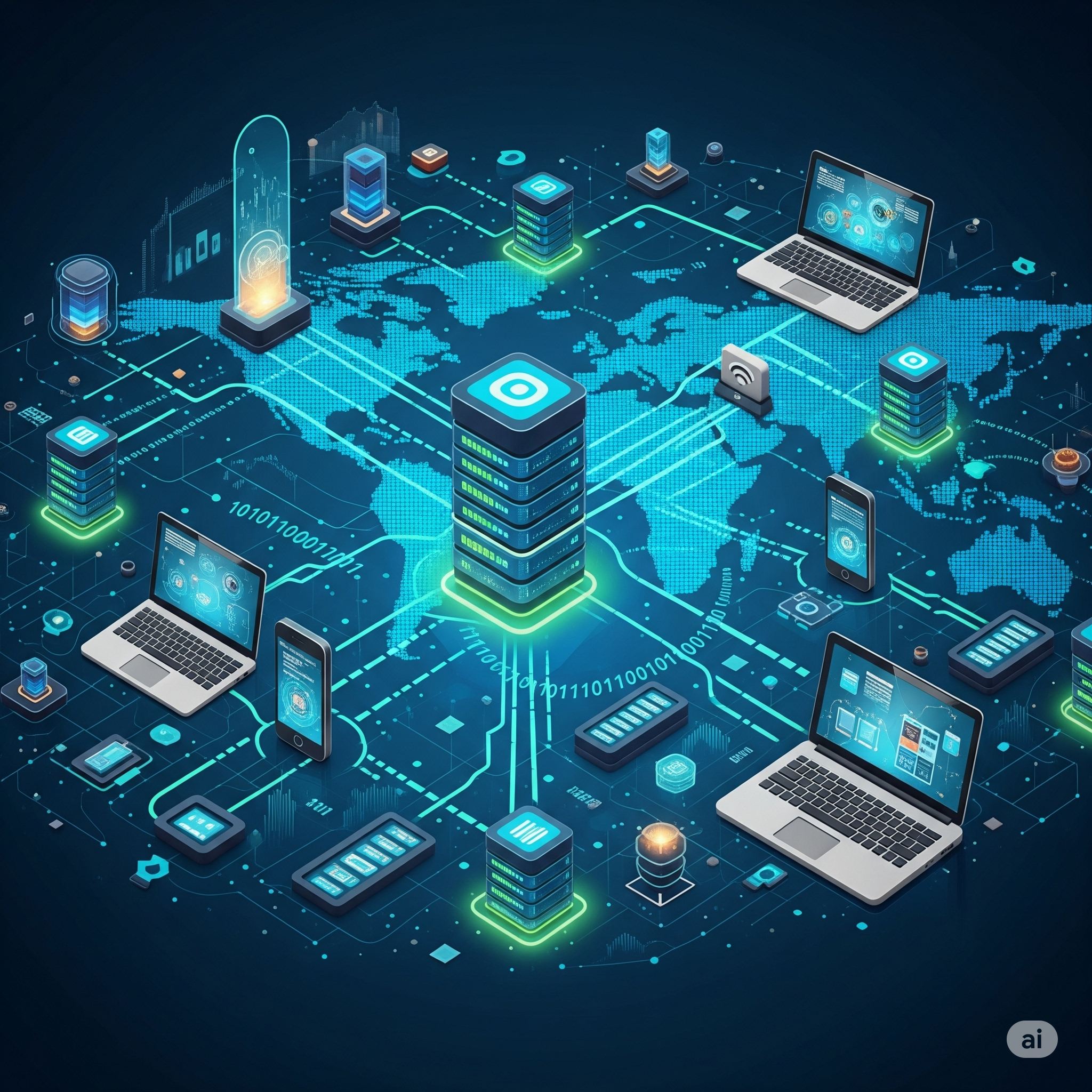 Global IT network infrastructure showing connected devices and systems