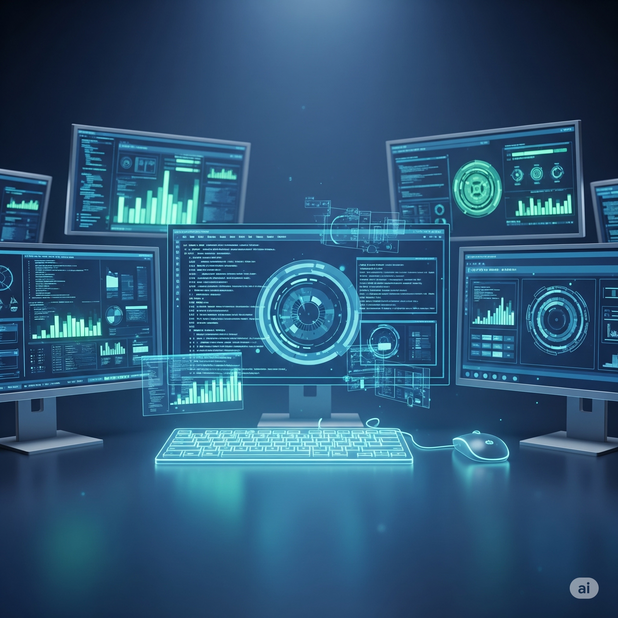 Advanced IT monitoring system with multiple screens displaying data analytics and system metrics